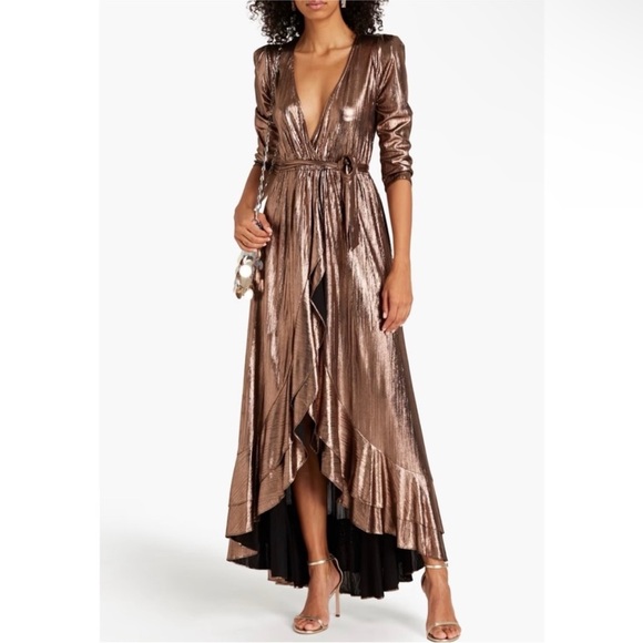 RETROFÊTE Flora Lamé High-Low deep V-neck
Wrap Dress - Bronze EUC - Picture 1 of 8